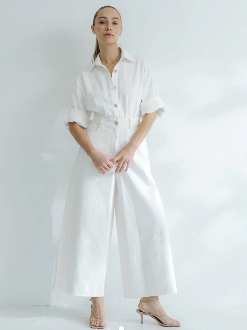 NWT B. Freedom Hudson Everyday White Denim Wide Leg, Ankle Crop Jumpsuit-Small